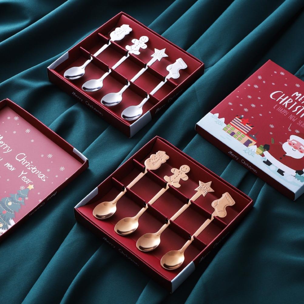 Christmas Spoon 4 Piece Stainless Steel Spoon Christmas Tableware Set Coffee Tea Dessert Soup