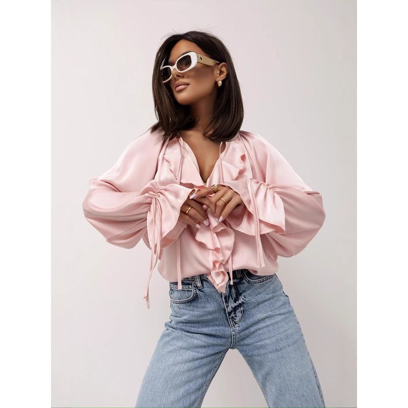 Long Sleeve Shirts Versitile Fashion Frill Flare Sleeve V-neck Lace Up Women Shirts Shirt Women