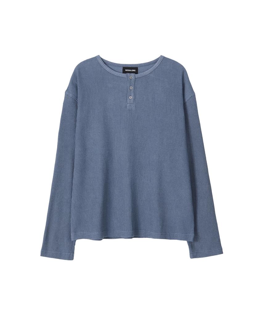 Uallong Layered Loose Waffle Henley Neck Long Sleeve Tee - Fade Navy