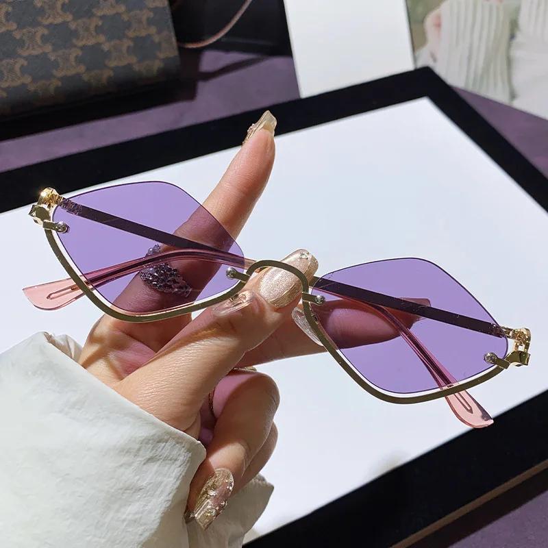 Metal Women Simple Trend Sunglasses Men New Half Frame Diamond Shaped Sunglasses Dopamine Small Frame Outdoor Sunglasses