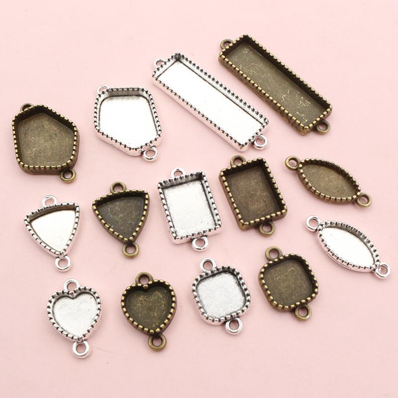 10pcs Double Loops Connector Pendant Cabochons Blank Base Settings Tray Heart Sqaure Rectangle Oval DIY Jewelry Findings