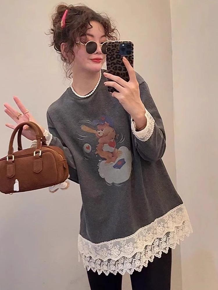 

Женский корейский свитшот с кружевной вставкой - Коллекция Весна 2025, Свободный крой, Круглый вырез, Утепленный базовый топ XL