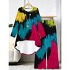 Stripe Print Two Piece Outfit Women Long Sleeve Irregular Hem Tunic Top Wide Leg Pants Casual Matching Set