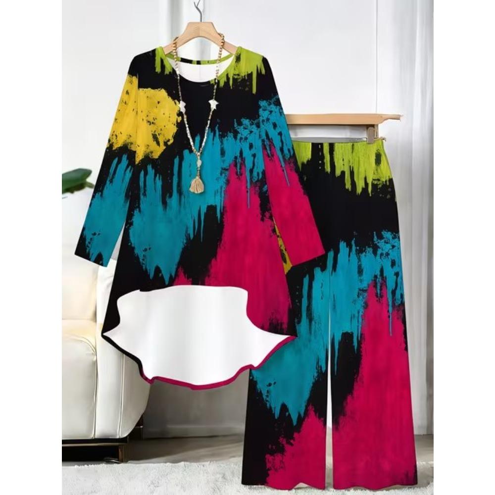 Stripe Print Two Piece Outfit Women Long Sleeve Irregular Hem Tunic Top Wide Leg Pants Casual Matching Set