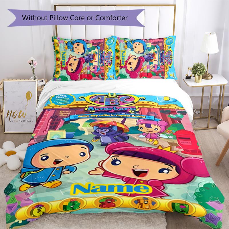 3pcs Custom Name ABC Monsters Bedding Set Duvet Cover Closure Includes 1 Duvet Cover & 2 Pillowcases for All Seasons Bedroom Decor
