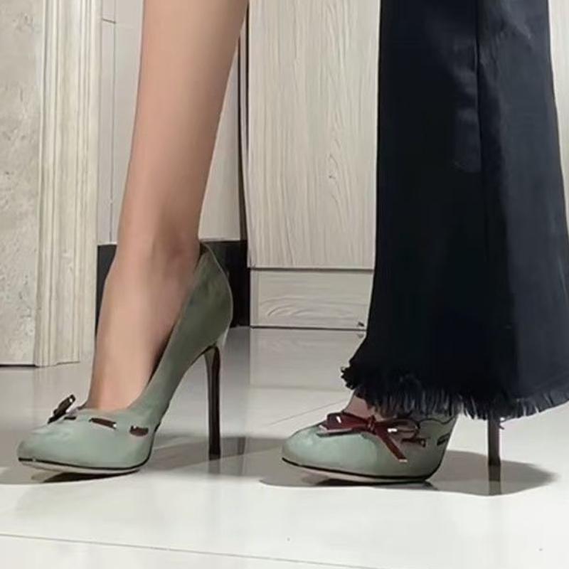 2025 New Temperament Super High Heel Single Shoe Round Toe Shallow Suede Butterfly Knot Slip-on Stiletto