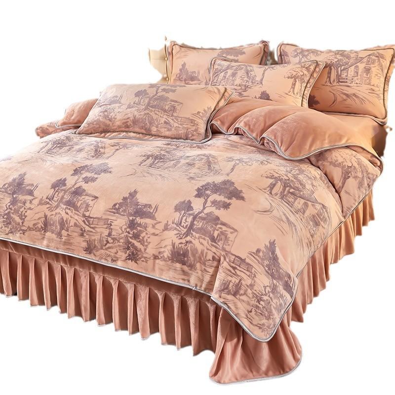 Thickened Milk Fleece Four-Piece Coral Fleece Quilt Cover, Bed Sheet Fleece Double-Sided Fleece Flannel Bedding, Bed Skirt