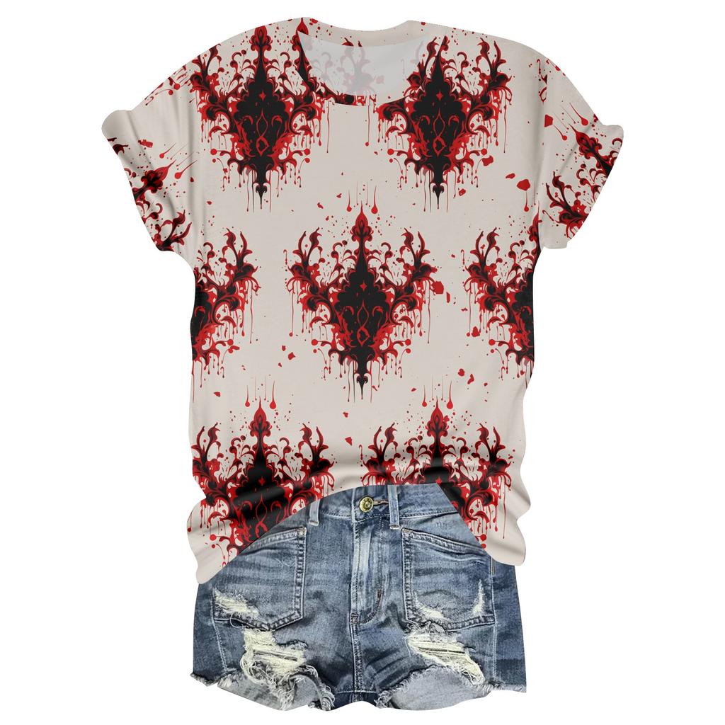 Damen Casual Rundhals Halloween-Print Kurzarm T-Shirt Top