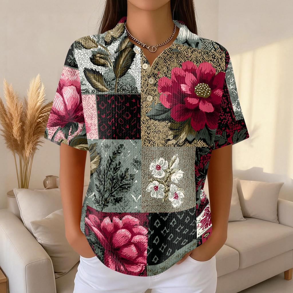 Women’s Short Sleeve Polo Collar Knit Top with Vintage Floral Print Casual Loose Fit Button Front Shirt