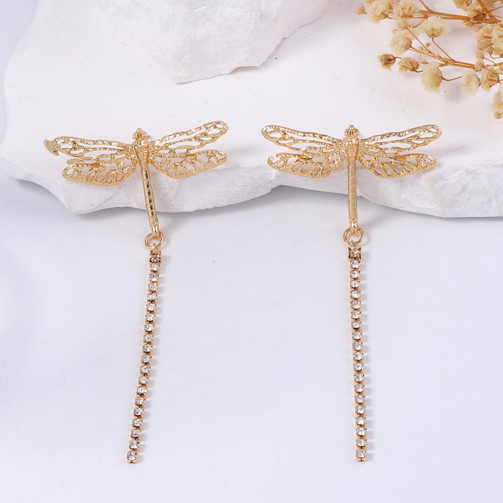 Simple fashion light luxury high-end design gold inlaid zircon long tassel dragonfly animal pendant earrings