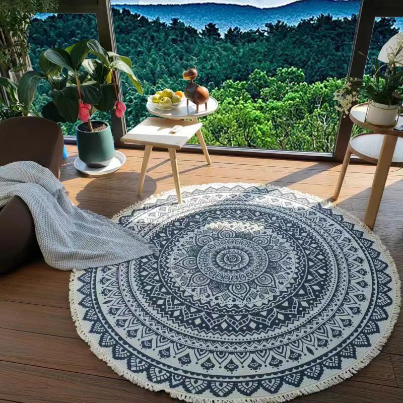 Nordic Cotton and Linen Home Leisure Non-slip Fringed Printed Round Carpet Living Room Floor Mat Bedroom Bedside Blanket