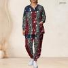 Women Plus Size Printed Nurse Scrub Two Piece Set V Neck Long Sleeve Pocket Top Long Pants