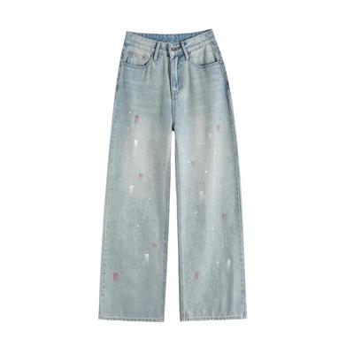 Taillenweite Beinjeans für Damen im Frühling neuer Stil zur Abdeckung der Hüften und um sie schlank aussehen zu lassen Graffiti-Ölfarbendesign gerade Bodenhose