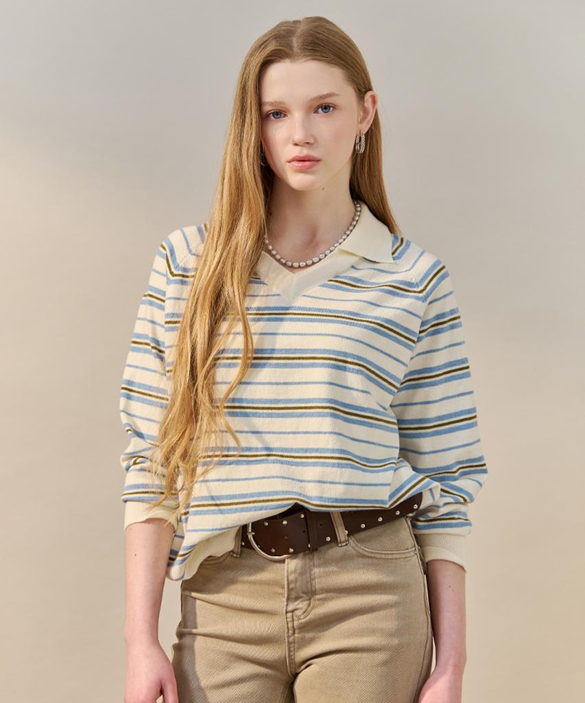 MAXZA Multi-Stripe Open Collar Knit