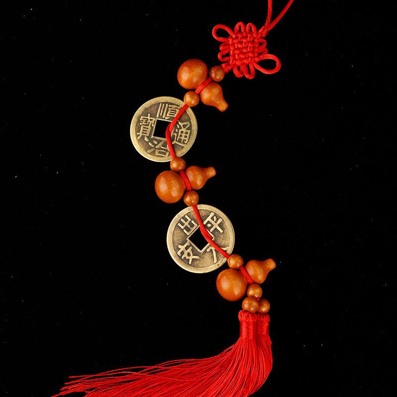 Door Hanging, Home Decoration, Lucky Fortune Pendant New Year Solid Wood Gourd Copper Coin Pendant Chinese Knot Living Room,