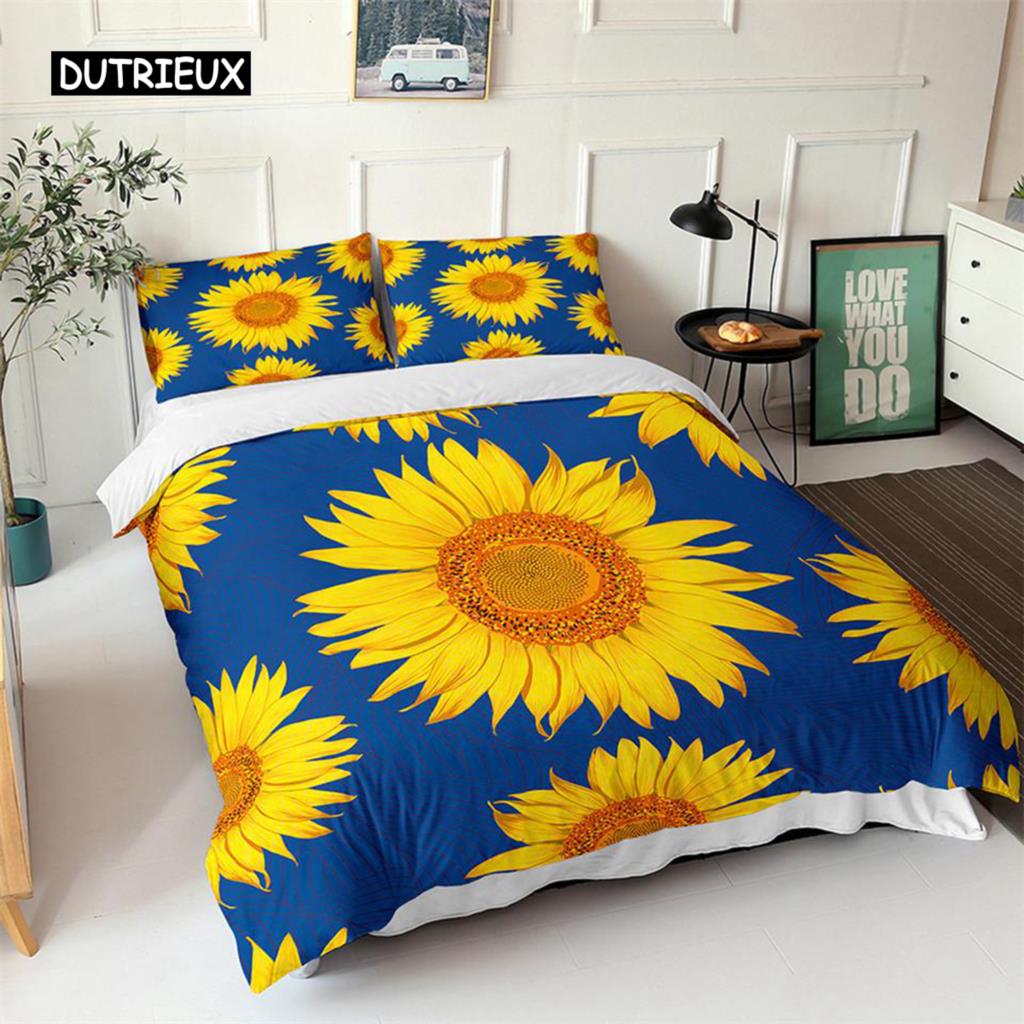 Sunflower Duvet Cover Set Yellow Flower Twin Bedding Set Polyester Black Gold Yellow Sunflowers Print Quilt Cover for Kids Teens