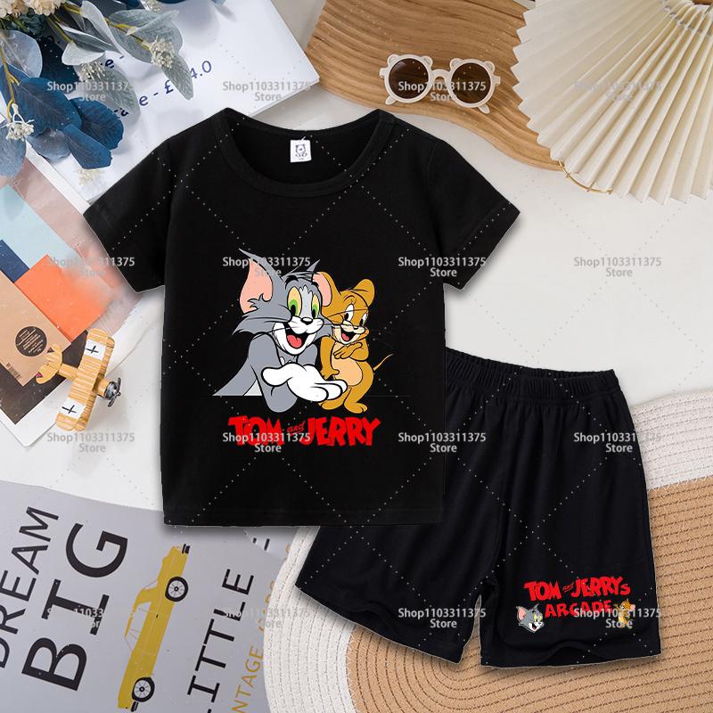 Tom and Jerry T-shirt Shorts Set Cute Cartoon Printed Casual Wear Fashion Summer Boys Girls Clothes Birthday Gift Tops Sportwear