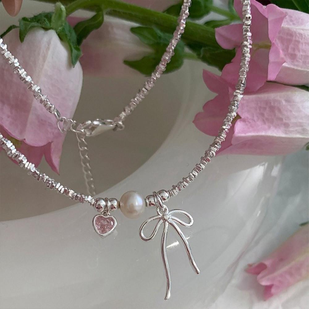 17KM Korean Artificial Pearl Heart Necklaces for Women Crystal Bow Pendant Beads Necklace Fashion Accessories Jewelry Gift