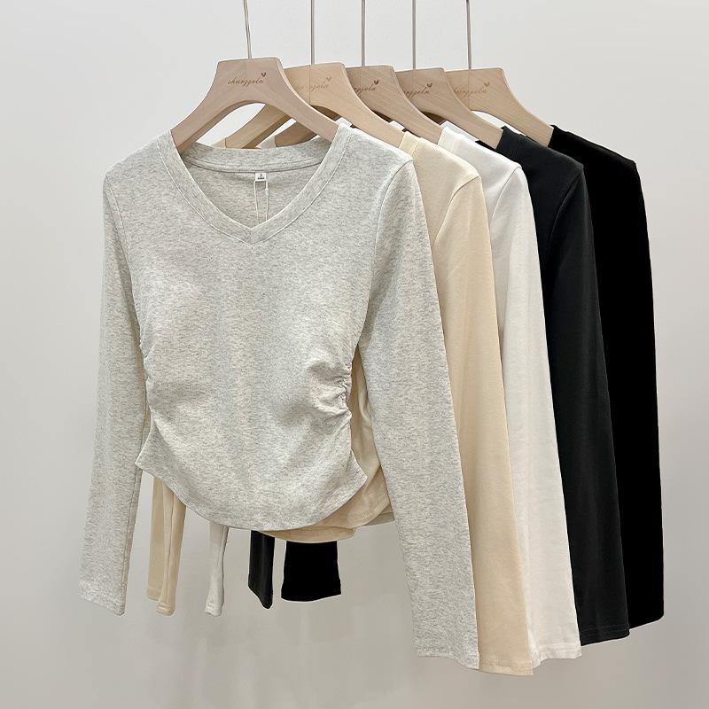 Damen V-Ausschnitt Slim-Fit Langarm-T-Shirt, Neuer Frühling/Herbst Stil mit Raffung an der Taille, Schickes Hot Girl Top, Vielseitiges Basic-Shirt.