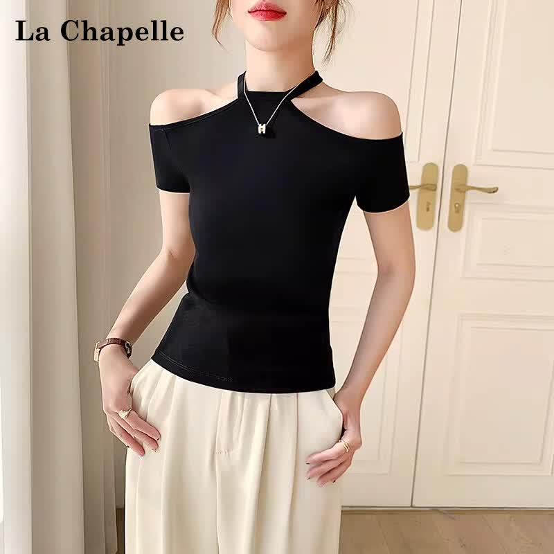 La Chapelle Women s Ribbed Halter Off-Shoulder Slim T-shirt M