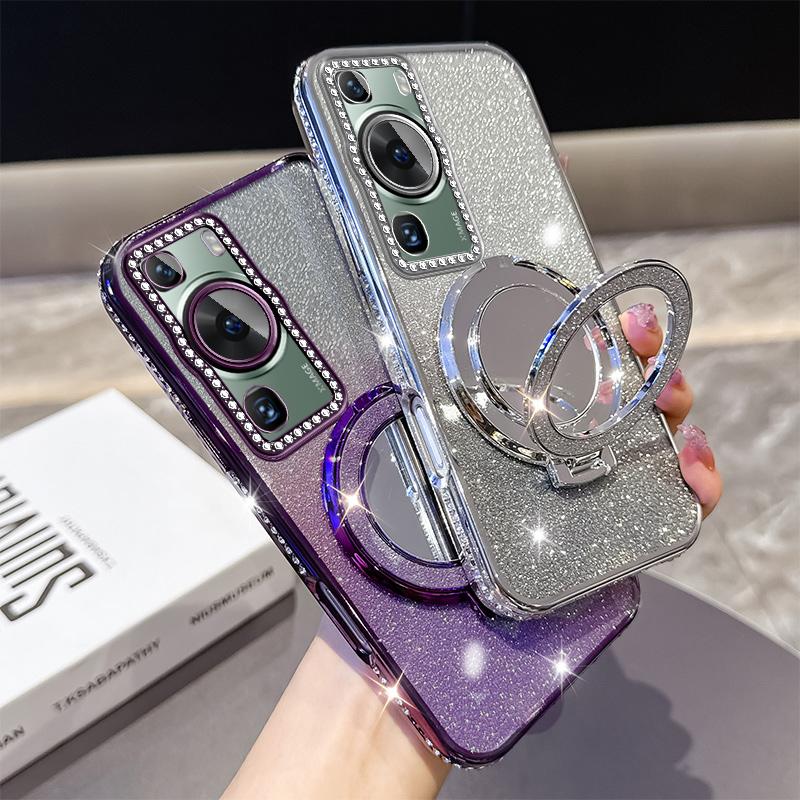 KEYSION Luxury Glitter Jewelled Magnetic Phone Case for Huawei P60 Pro Makeup Mirror Stand Shockproof Cover for Huawei P60