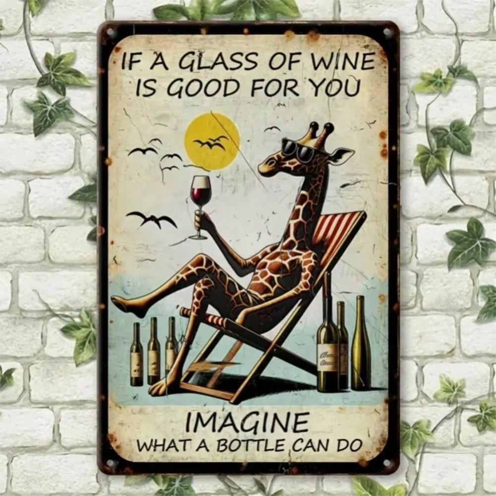 Vintage Giraffe Metal Poster Wine Glass Wall Art Decor for Bar Home Waterproof Tin Sign