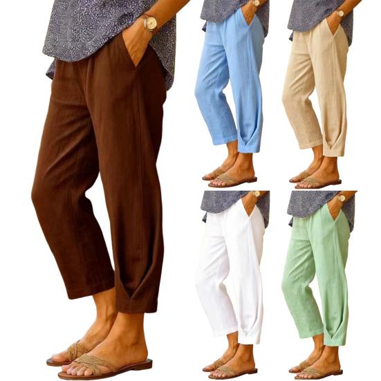 Women Pants Mid-rise Elastic Waist Solid Color Casual Trousers with Pockets Loose Fit Leisure