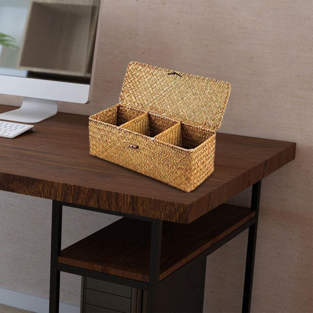 Rectangular 3 Grid Handwoven Storage Basket Handmade Rattan Divider Storage Box  Wardrobe