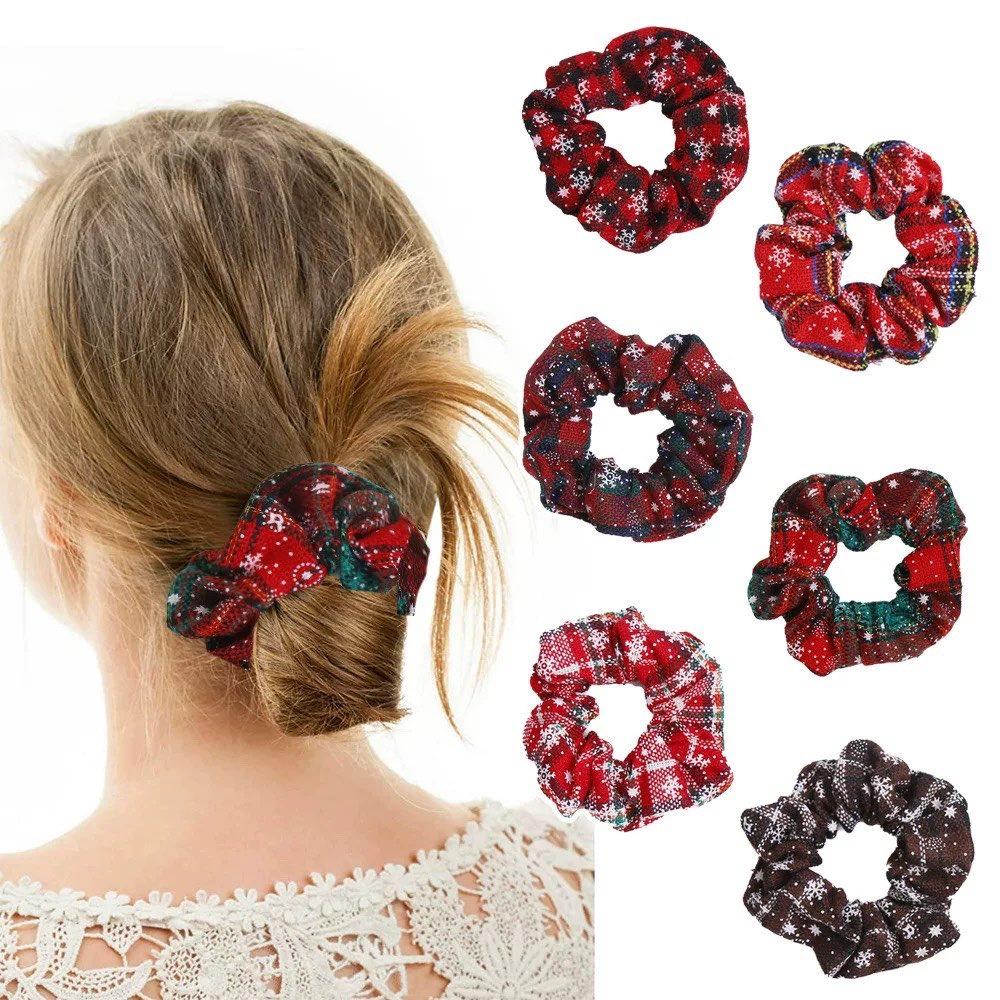 WTEMPO Festive Christmas Scrunchies Soft Plaid Fabric Hair Ties for The Holiday Wedding Birthday Christmas Patterns Printed Elsatic Pony Tail Holder
