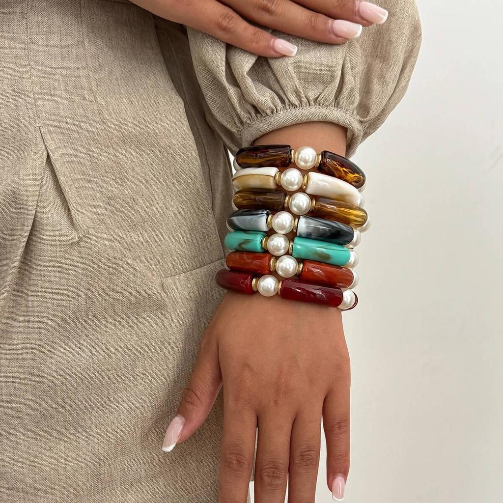 Salircon 7 Colors Vintage Imitation Pearl Elastic Rope Bangles Women Boho Exaggerated Geometric Acrylic Resin Bracelets Jewelry