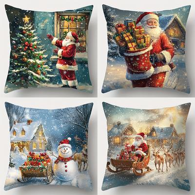Christmas Decoration Pillowcase Winter Snow Scene Santa Claus and Gift Pillow Cover Sofa Cushion Suite Room Home Decoration