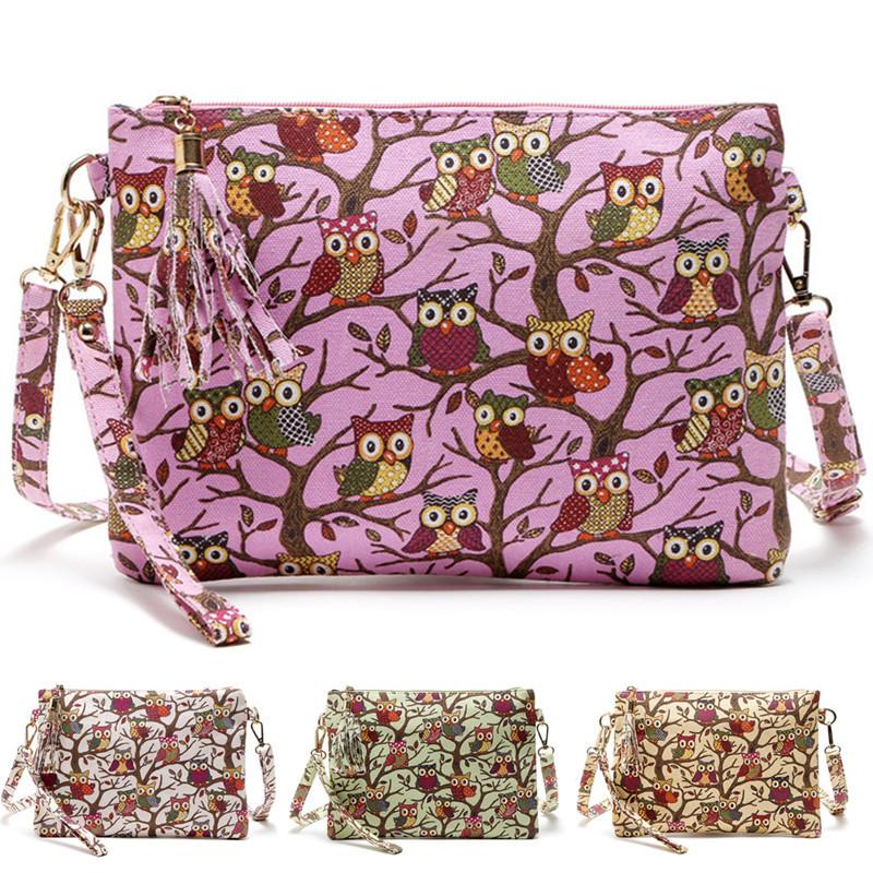 Owl Print Canvas Tassel Crossbody Bag For Women With Zipper Closure**
