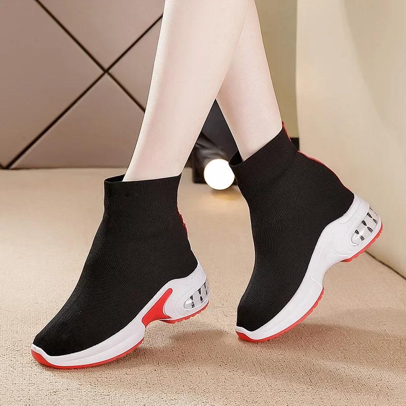 Women's Elastic High-Top Thick-Soled Round Toe Platform Sneakers with Height-Increasing Socks 2024