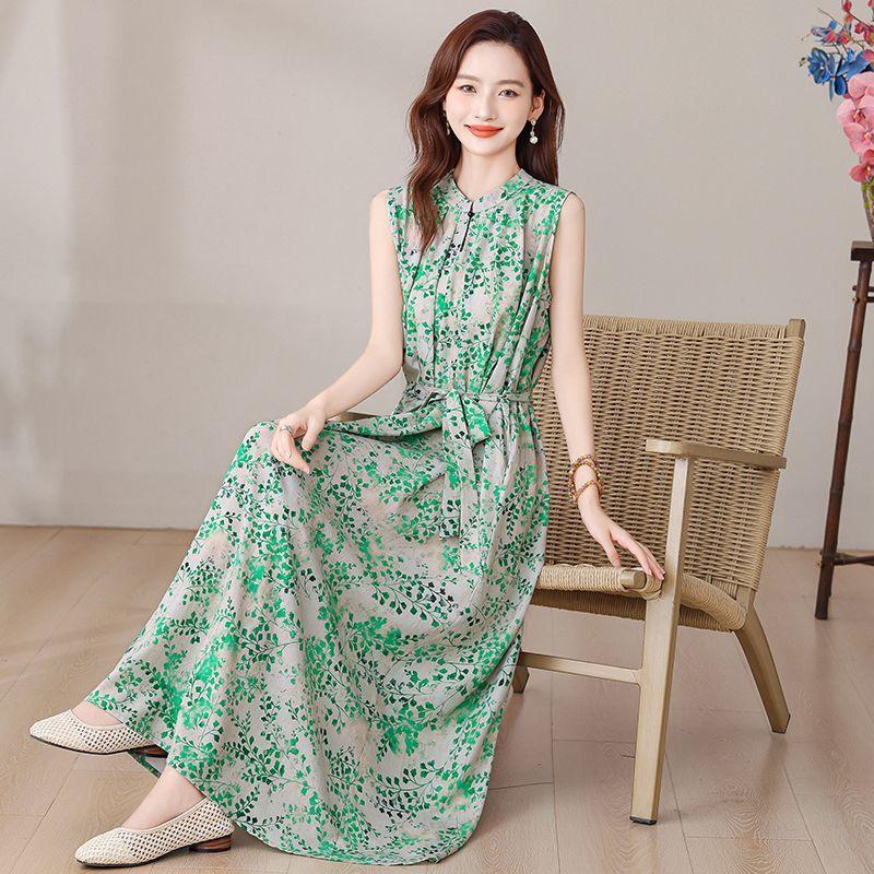 Elegant Floral Print Plus Size Dress for Middle Aged Women Summer Cotton Long Dress