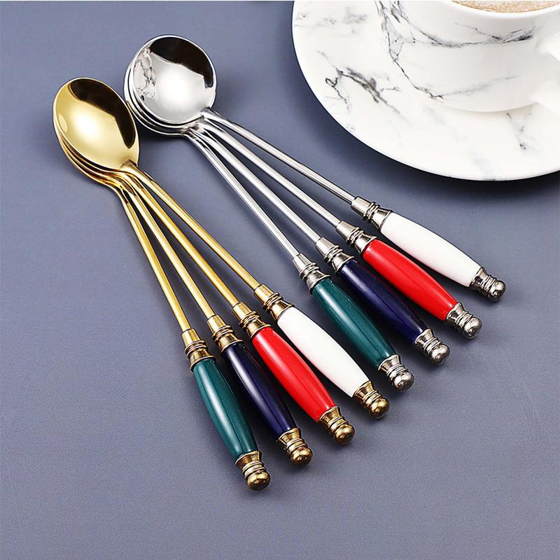 Beautiful Stainless Steel Teaspoons Coffee Ice Cream Honey Spoon with Tempered Ceramic Handle Tableware Kitchen Accessories