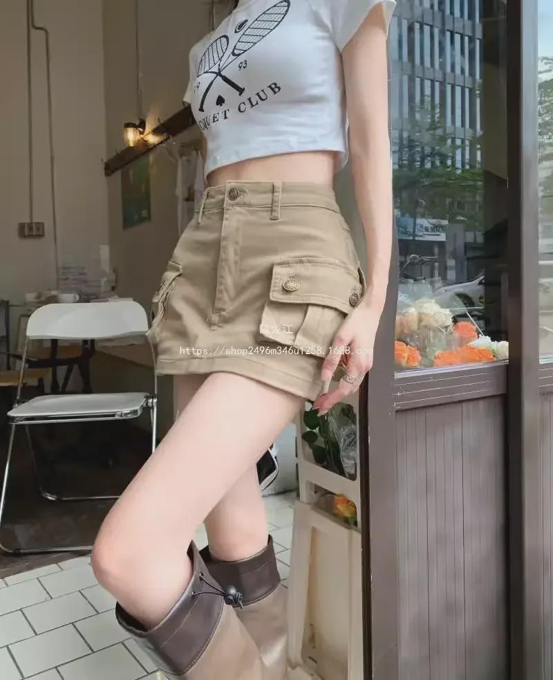 High-Waisted Khaki Denim Mini Skirt - Retro Style, Slim Fit, Summer Essential.