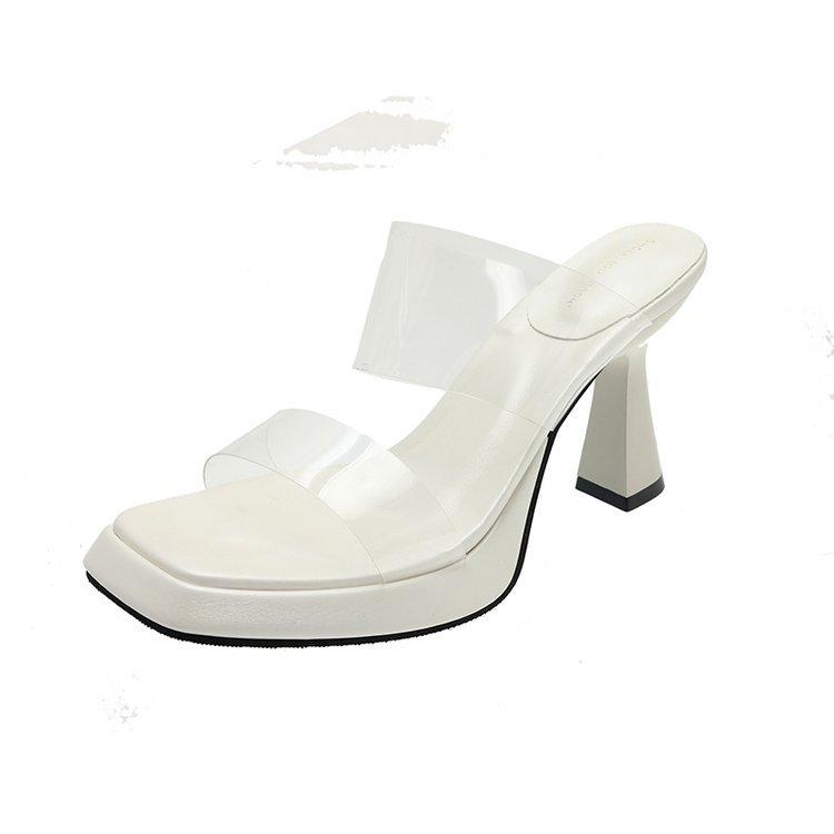 High heels are new in summer, and European and American sexy square toe and thin heel transparent slippers are worn