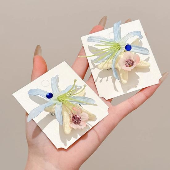 Hair Clip Blue Flowers Starfish Decoration Hair Pin Beach-themed Hair Barrette Tropical Hair Accessory Daily Wear