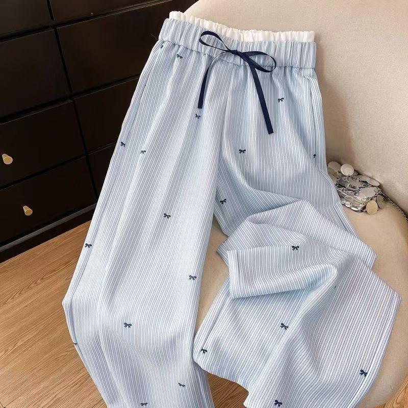 Korean Style Blue Striped Wide-Leg Women s Pants, Spring/Summer 2025, New Straight Casual Design, Long Pants S