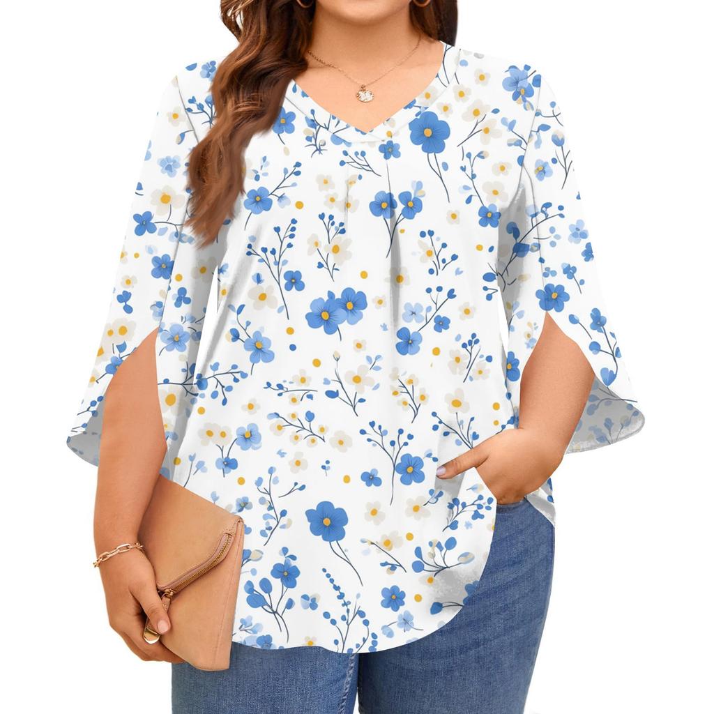 Women's Prined V-neck Plus Size Tops 3/4 Sleeves Elegant Shirt Tops