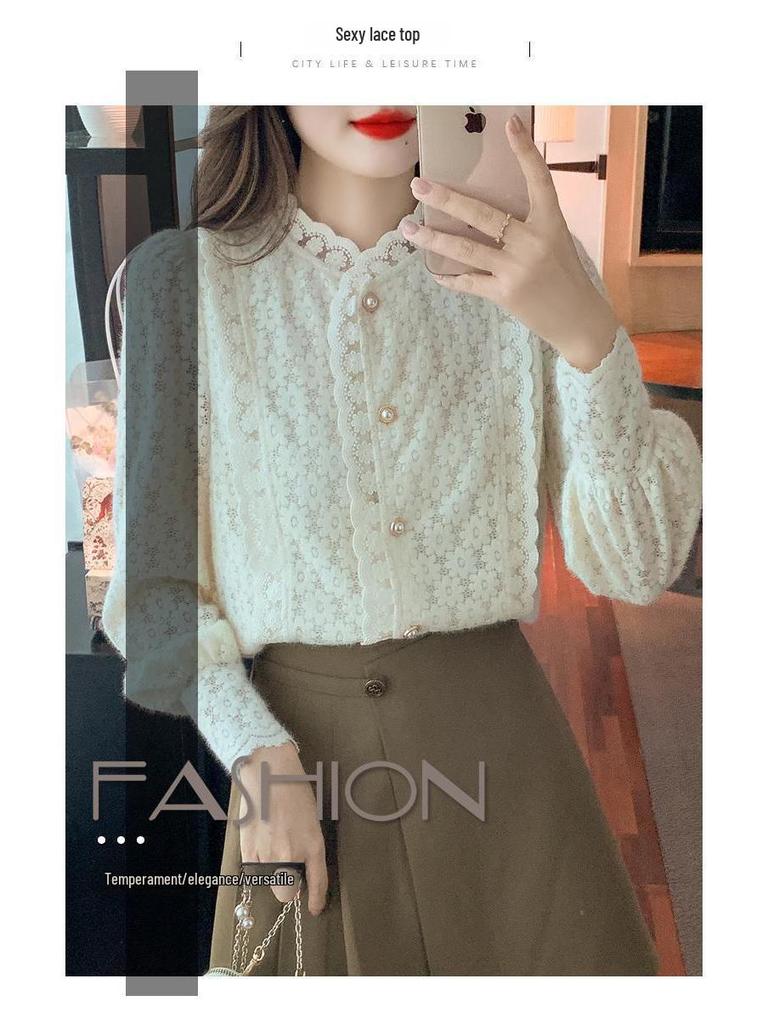 Women's Plush Lace Long-Sleeve Shirt - Stylish and Warm Autumn/Winter 2024 Top