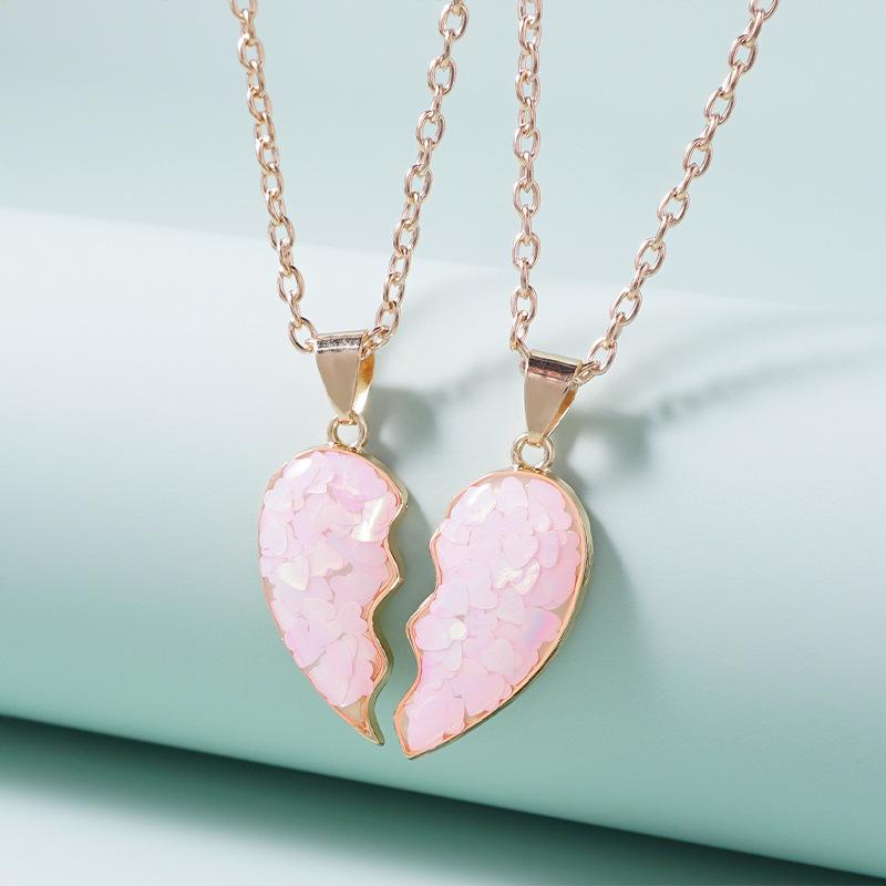 Cross-Border Pink Heart Patchwork Friendship Necklace for Kids - Versatile Best Friend Pendant