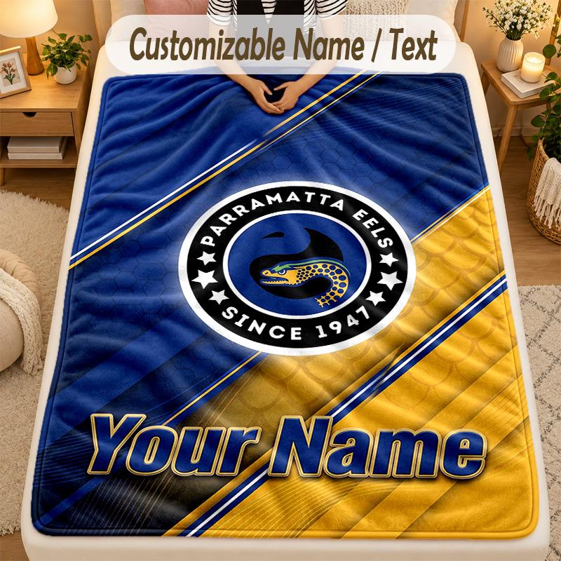 Flannel BlanketParramatta Eels Custom Name Text Personalized Soft Warm Throw Blanket Home Decor Gift