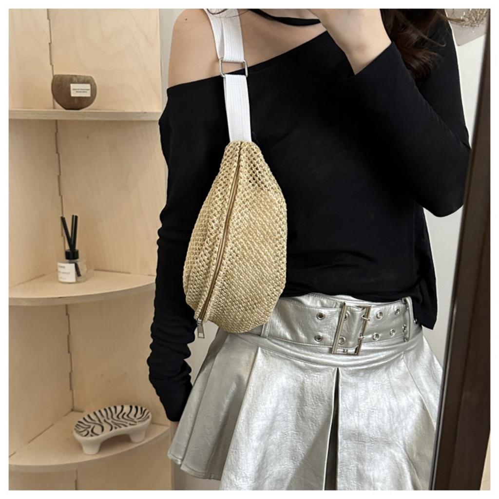 Women'S Stylish Woven Chest Bag - Light Brown, Breathable Crossbody Sling Phone Pouch with Zipper Closure, Versatile Waist Pack for Beach, Sports