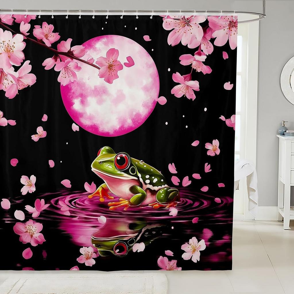 Japanese Cherry Blossom Capybara Fabric Shower Curtain,Pink Sakura Floral Moon Shower Curtain,Kids Bathroom Decor,Capybara