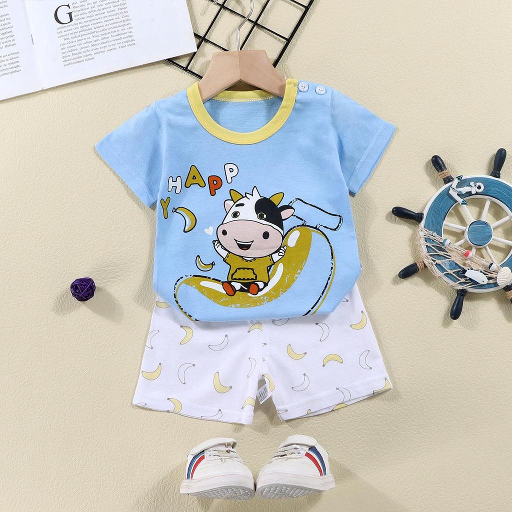 Kids' Summer Cotton Two-Piece Set: Cartoon Short Sleeve & Shorts for Toddlers
