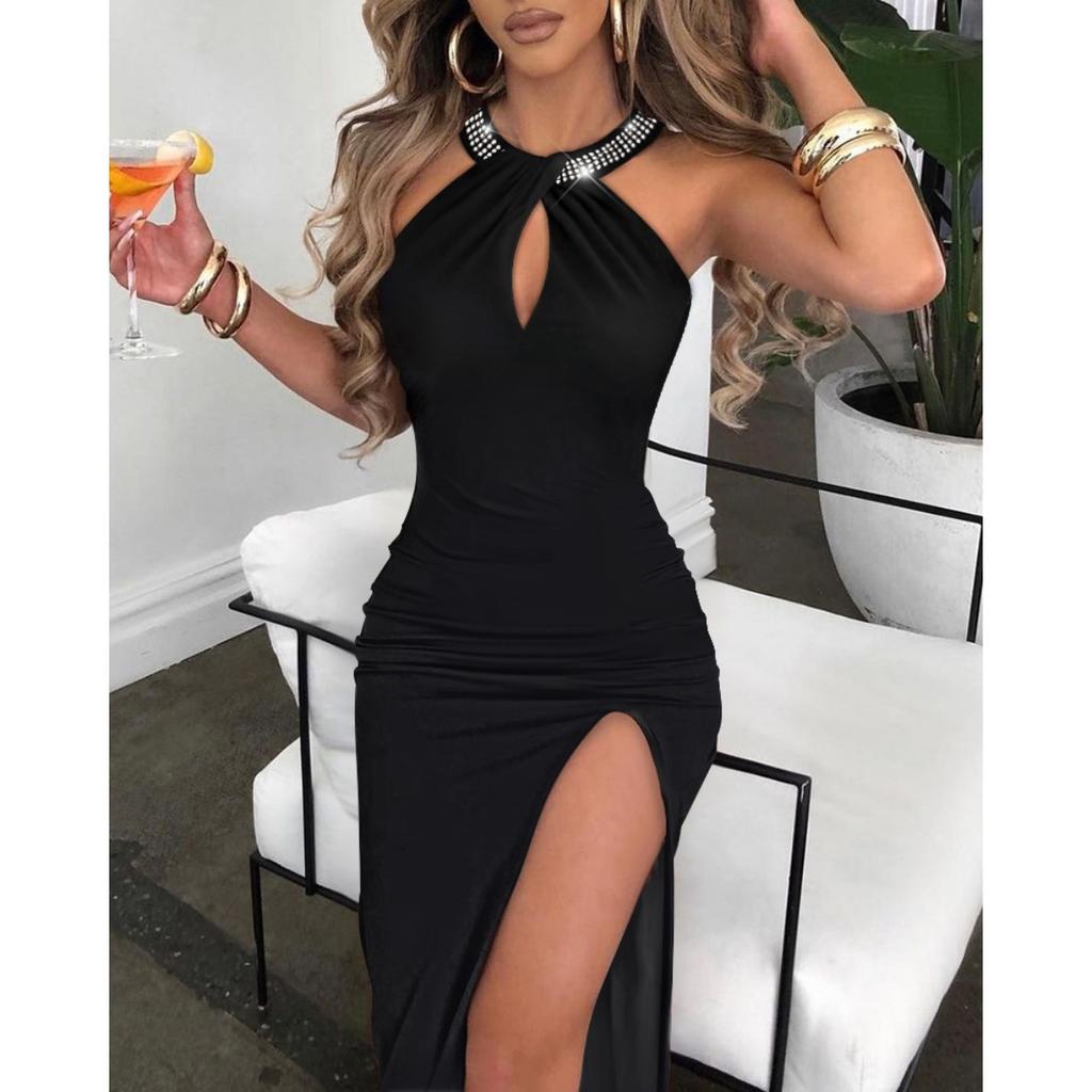 Women's Halter Sleeveless Maxi Dress Bodycon Mid Rise Elegant Rhinestone Slit Party Dress