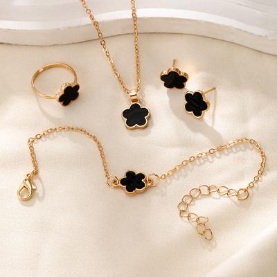 4PCS Lucky Clover Fashion Five Flower Stainless Steel FritillariaBracelet Necklace Ring Earring Set Women's Jewelry