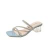 Soft Leather Crystal Thick Heel Sandals Female Internet Celebrity High Heels Two Slippers Rhinestone Fairy Wind Wear Deodorant Summer New