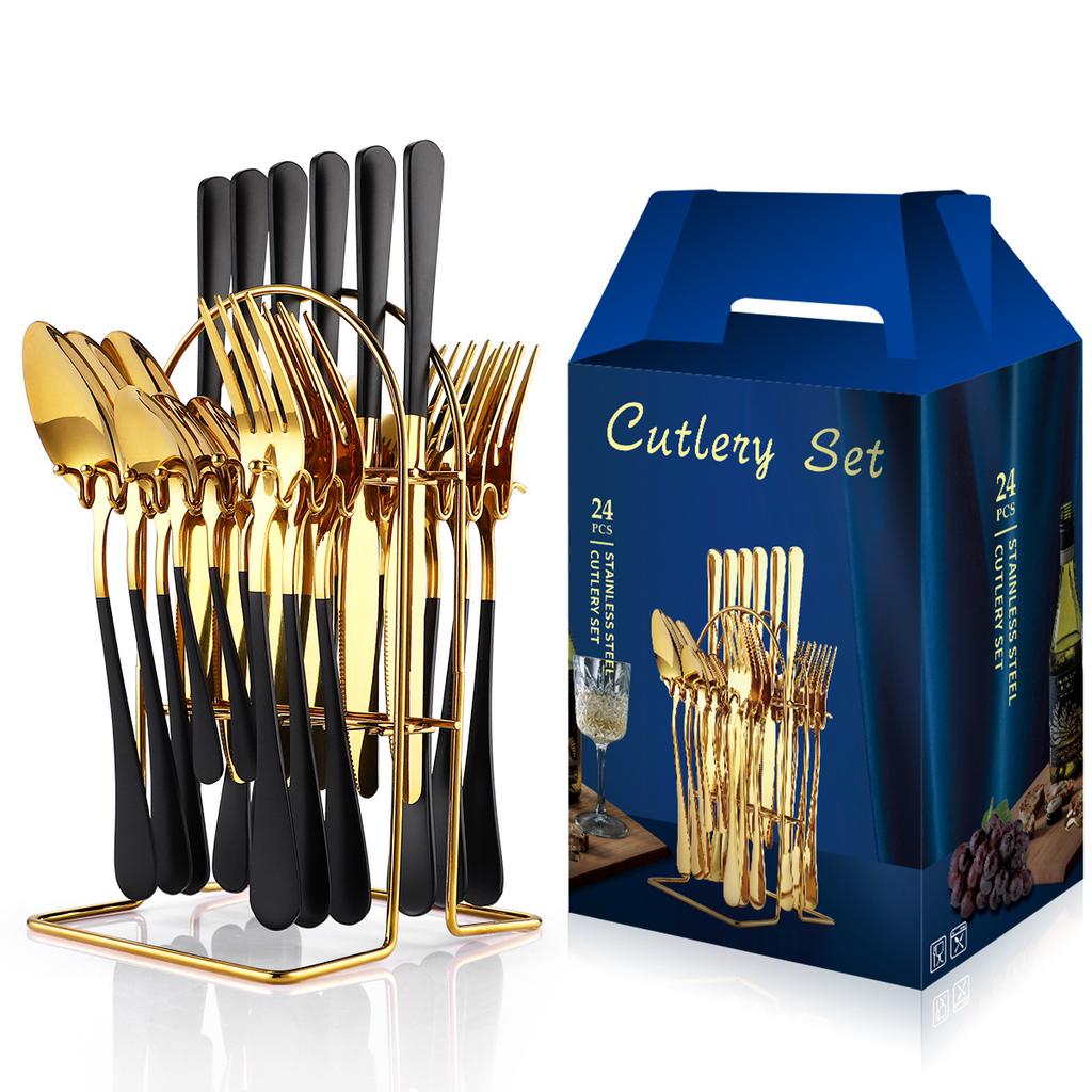 24dílná sada příborů z nerezové oceli Nůž Vidlička a Lžíce Domácí úložný stojan Zlatý Stříbrný Železný stojan Úložný